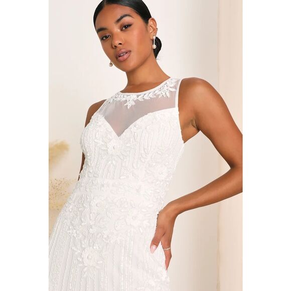 Lulus Modern Fairytale White Mesh Beaded Sequin Mermaid Wedding Dress - Picture 2 of 11